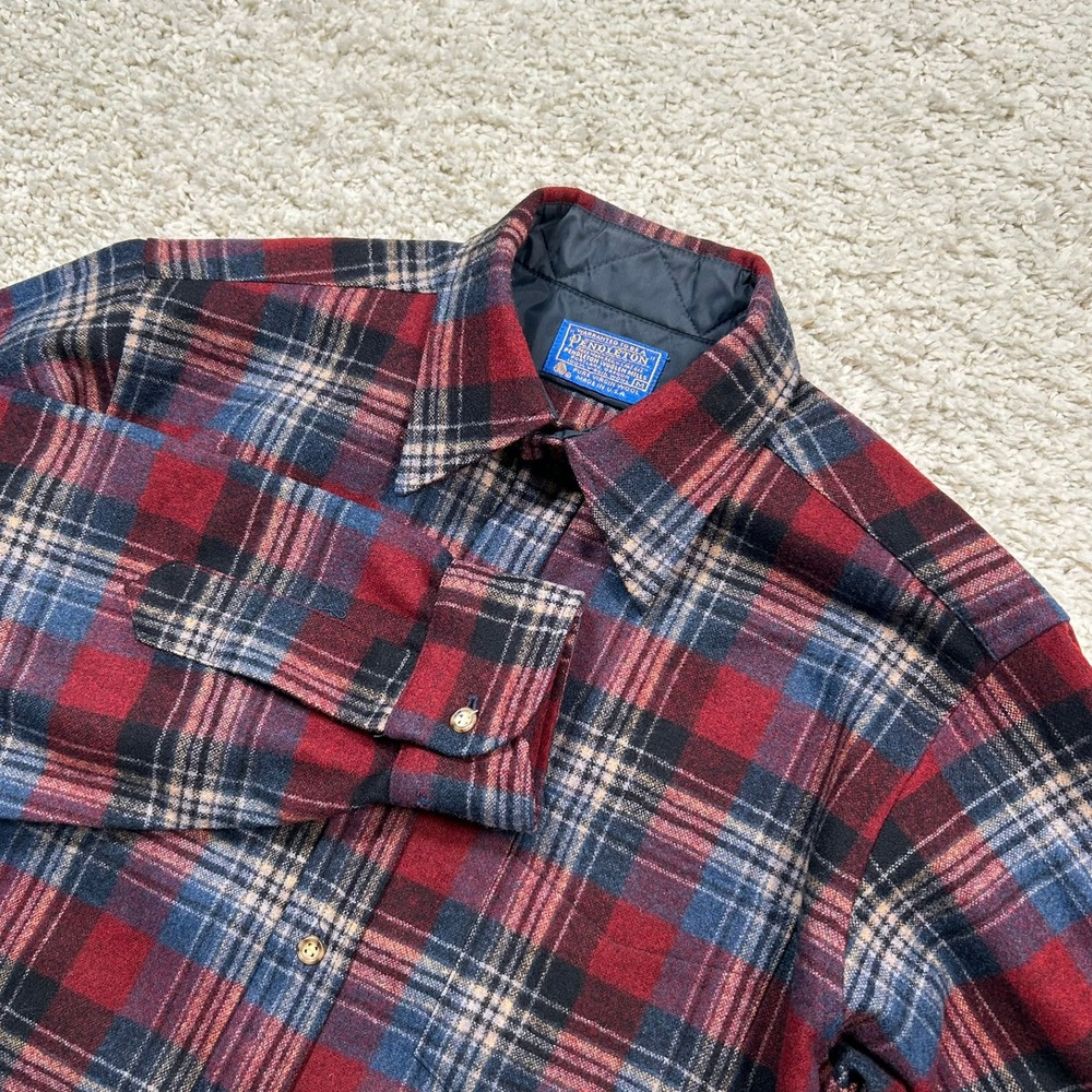 Pendleton Wool Flannel Shirt Medium Red Blue Plaid Button Down Made In USA